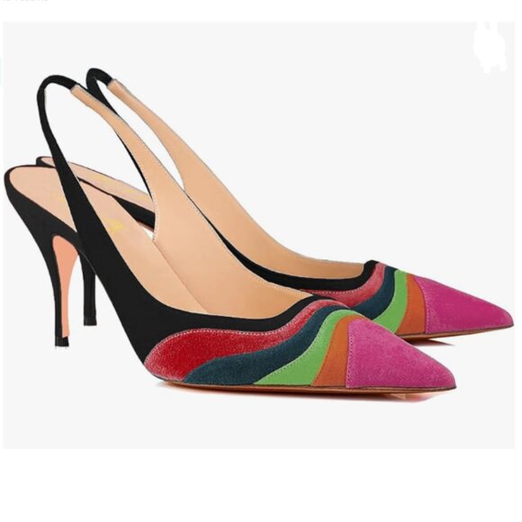 FOWT Shoes - FOWT Dark Rainbow Pointed Toe Slingback Rainbow Color Stripes Elastic Band Pumps
